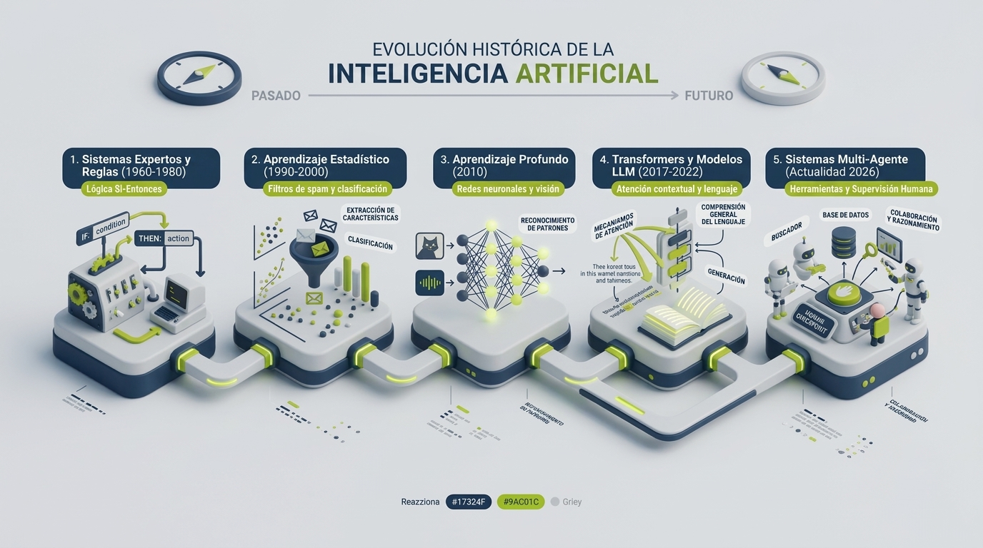 Historia y evolución de la IA: de las reglas simbólicas de 1960 a los modelos generativos con control humano en 2026.