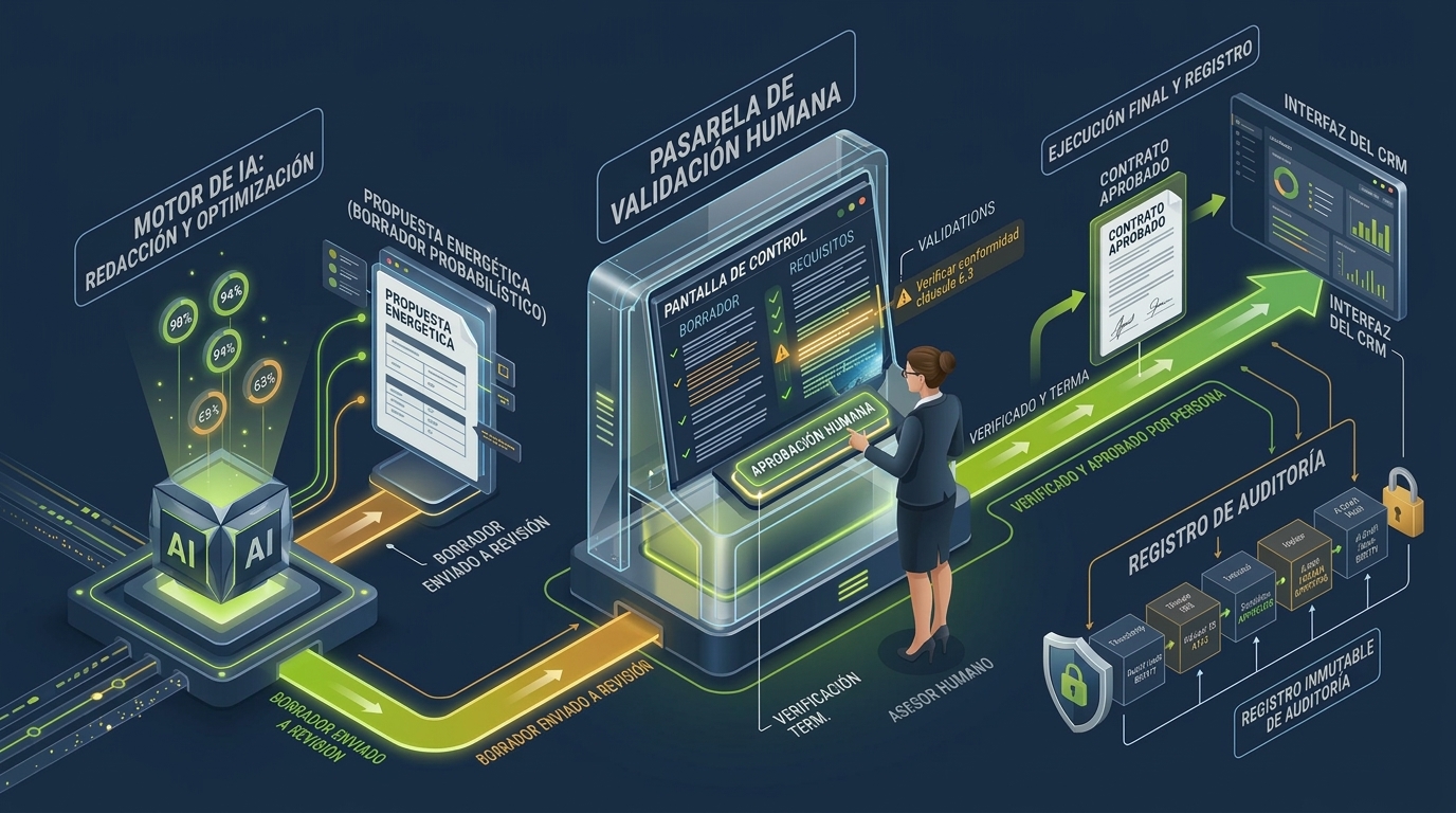 Puntos de control (Human-in-the-loop): pantalla de diferencias (Diff-view) y aprobación obligatoria del asesor comercial antes del envío.