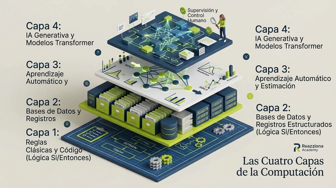 Las 4 capas de cómputo: fórmulas exactas, registros de base de datos, estimación estadística y generación de lenguaje.
