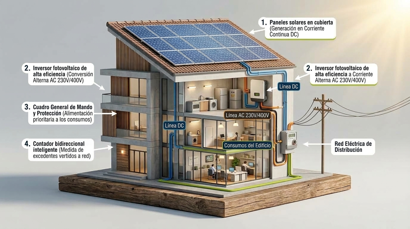 Flujo físico de la energía: Generación DC en cubierta, conversión MPPT a AC, consumo prioritario y vertido a red.