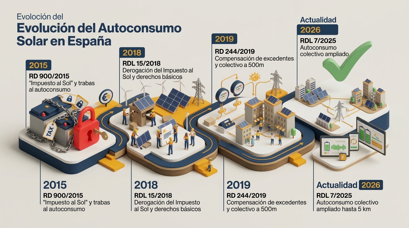 Historia regulatoria en España: Del 'Impuesto al Sol' (RD 900/2015) al RDL 7/2025 y comunidades energéticas de 5 km.