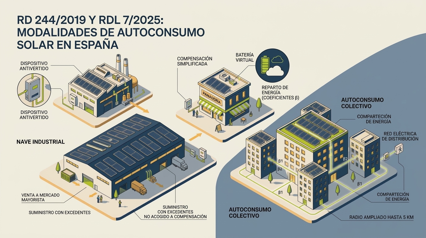 Diorama de modalidades: Sin excedentes (antivertido), compensación simplificada (≤100 kW), venta a mercado y colectivo.