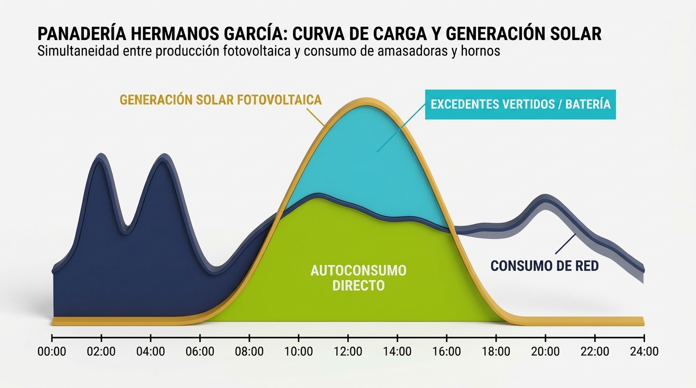 Curva horaria de carga vs solar: Análisis de simultaneidad, autoconsumo directo y excedentes en Panadería Hermanos García.
