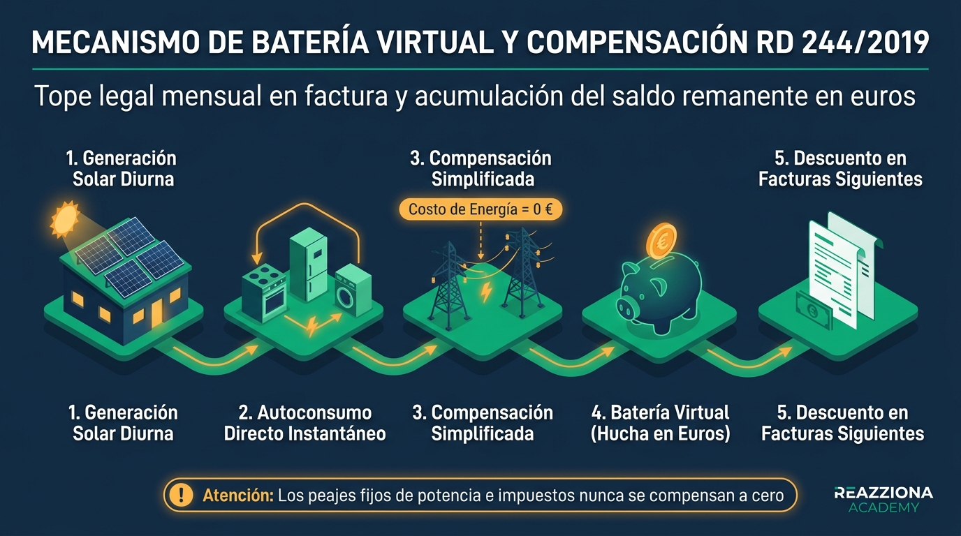 Batería Virtual y compensación simplificada: Mecanismo regulatorio del RD 244/2019, tope de energía y acumulación en euros.