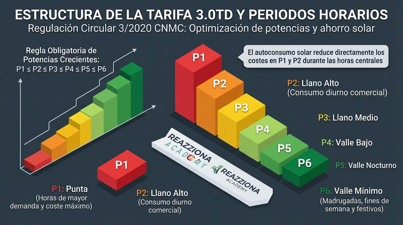 Estructura de la Tarifa 3.0TD: 6 periodos horarios, regla de potencias ascendentes (Circular 3/2020 CNMC) y peak shaving.