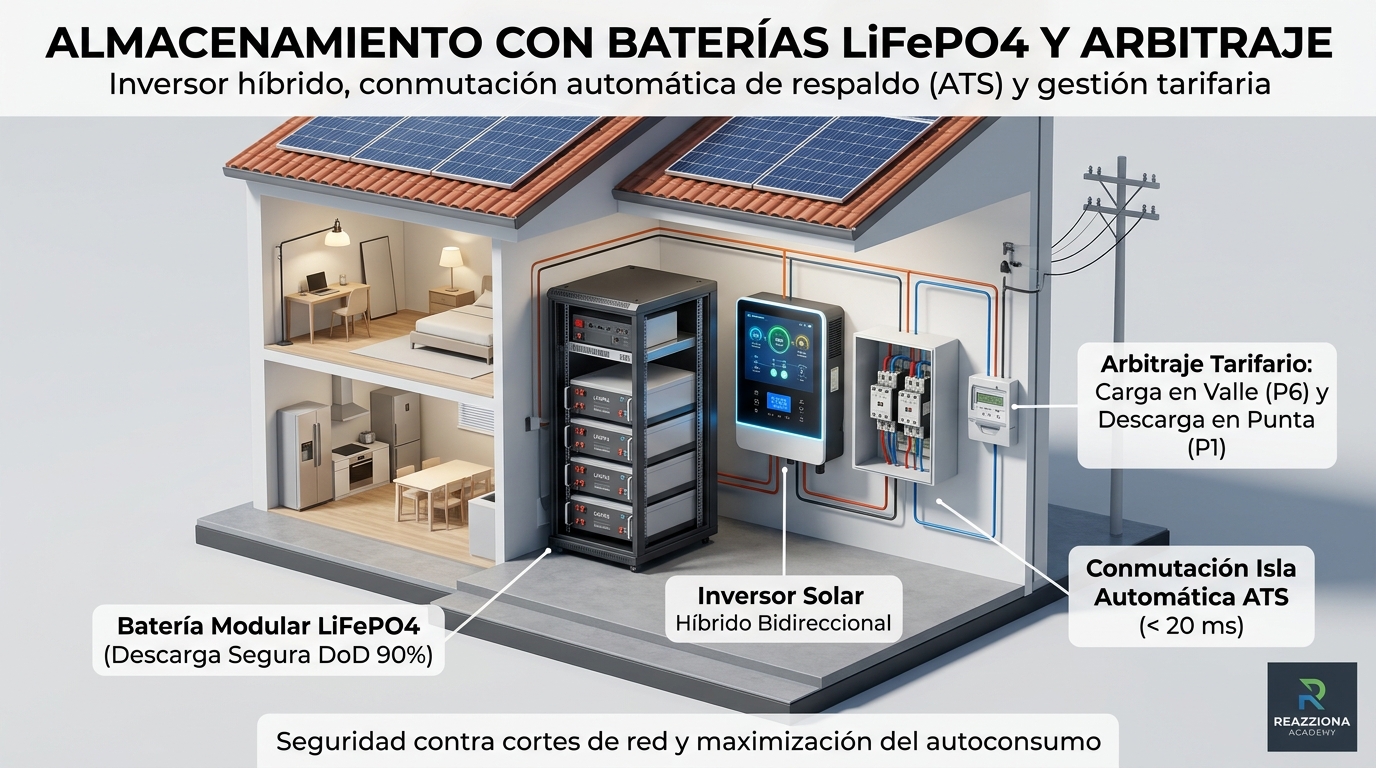 Almacenamiento LiFePO4 y arbitraje tarifario: Inversor híbrido, conmutación ATS en <20 ms y carga en valle P6 para descarga en P1.