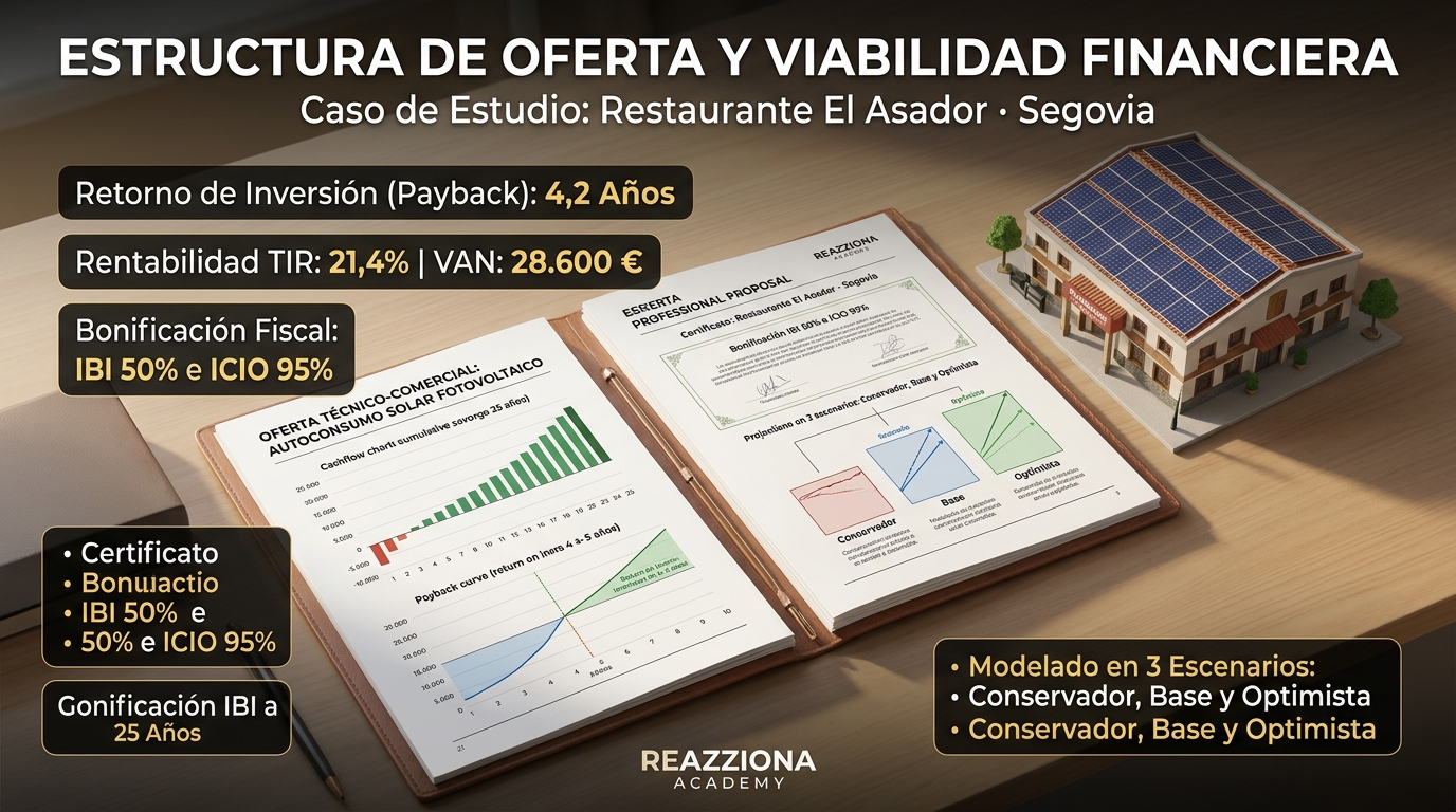 Viabilidad financiera y oferta técnico-económica: Retorno en 4,2 años, TIR 21,4%, bonificación IBI/ICIO y caso Restaurante El Asador.