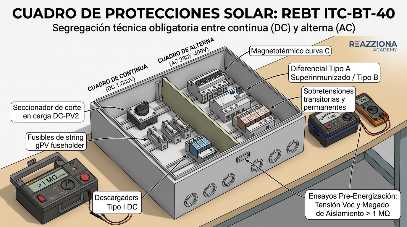 Seguridad y cuadro REBT ITC-BT-40: Segregación técnica DC (1.000V) y AC, aparamenta homologada y ensayos de aislamiento pre-energización.